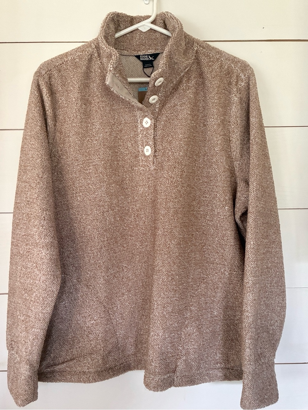 Eddie Bauer Taupe Marled Henley Pullover Polyester Fleece Size Large